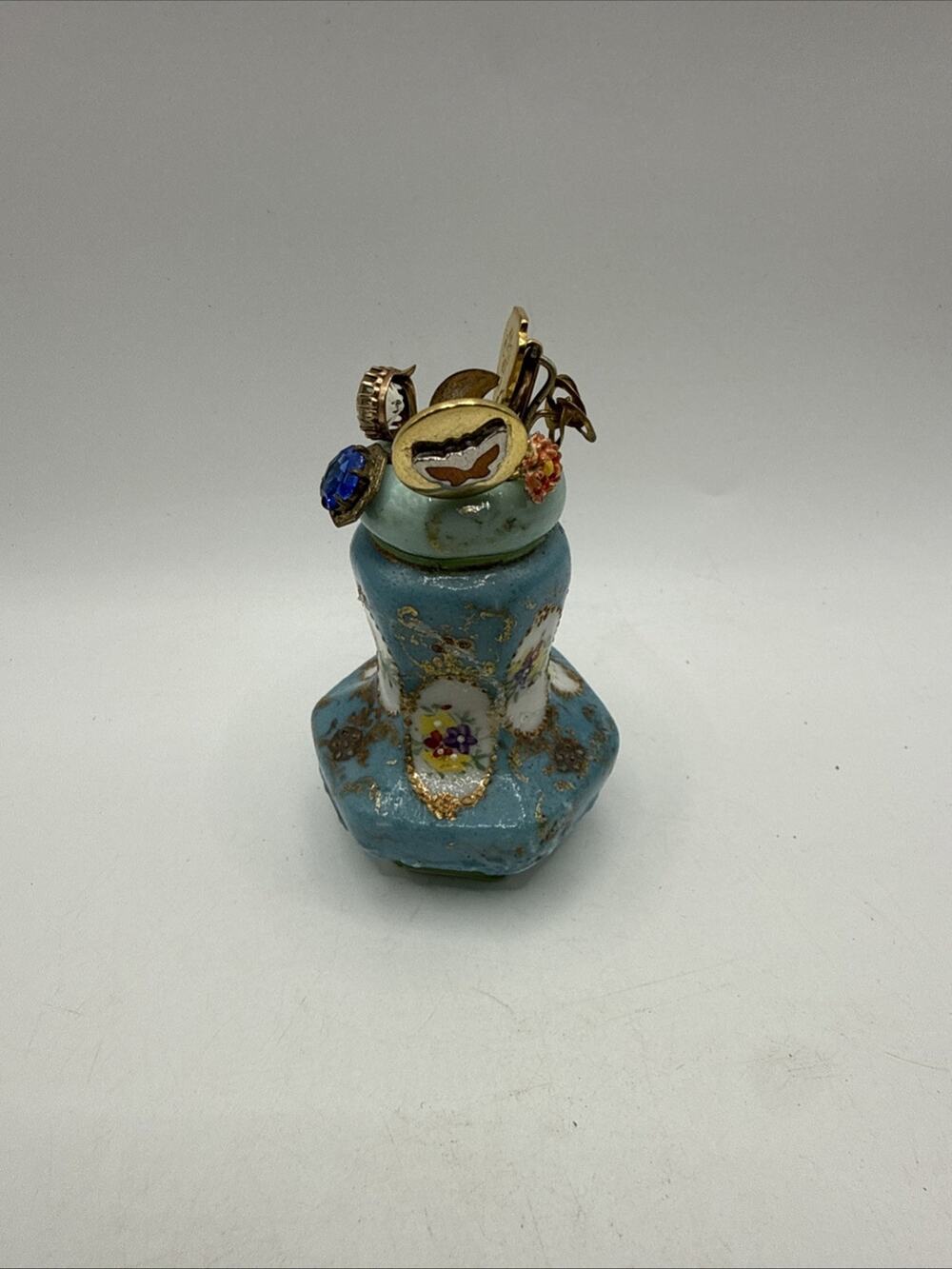 Vintage Porcelain Sewing Pin Holder Keeper Turquoise Floral Gold Cork Bottom *